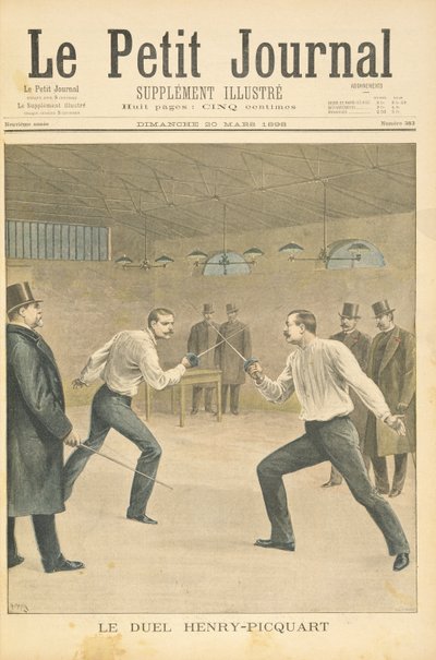 Title page depicting the Henry-Picquart duel, opposing officers during the Dreyfus affair, illustration from the illustrated supplement of Le Petit Journal, 20th March, 1898 by Fortune Louis Meaulle and Henri Meyer